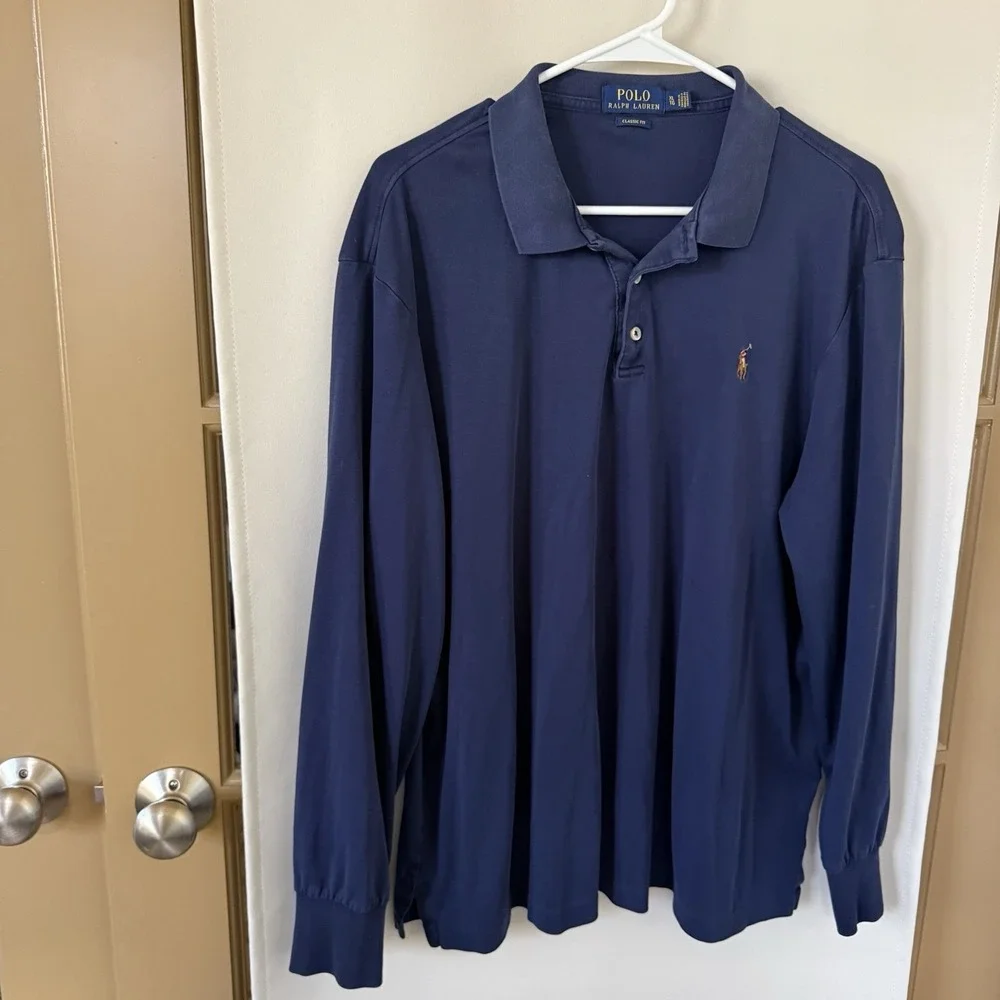 Polo Ralph Lauren Mens XL Navy Blue Long Sleeve Polo Collar Shirt Logo Embroider